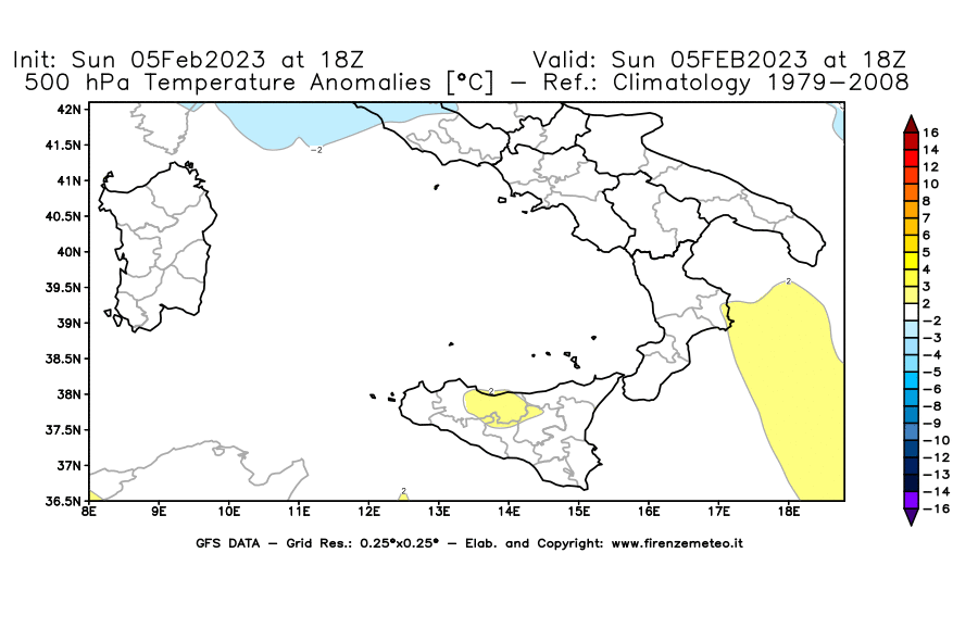 Mappa di analisi GFS - Anomalia Temperatura [°C] a 500 hPa in Sud-Italia
							del 05/02/2023 18 <!--googleoff: index-->UTC<!--googleon: index-->