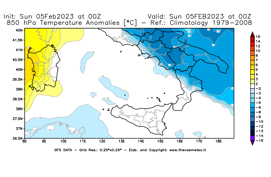 Mappa di analisi GFS - Anomalia Temperatura [°C] a 850 hPa in Sud-Italia
							del 05/02/2023 00 <!--googleoff: index-->UTC<!--googleon: index-->