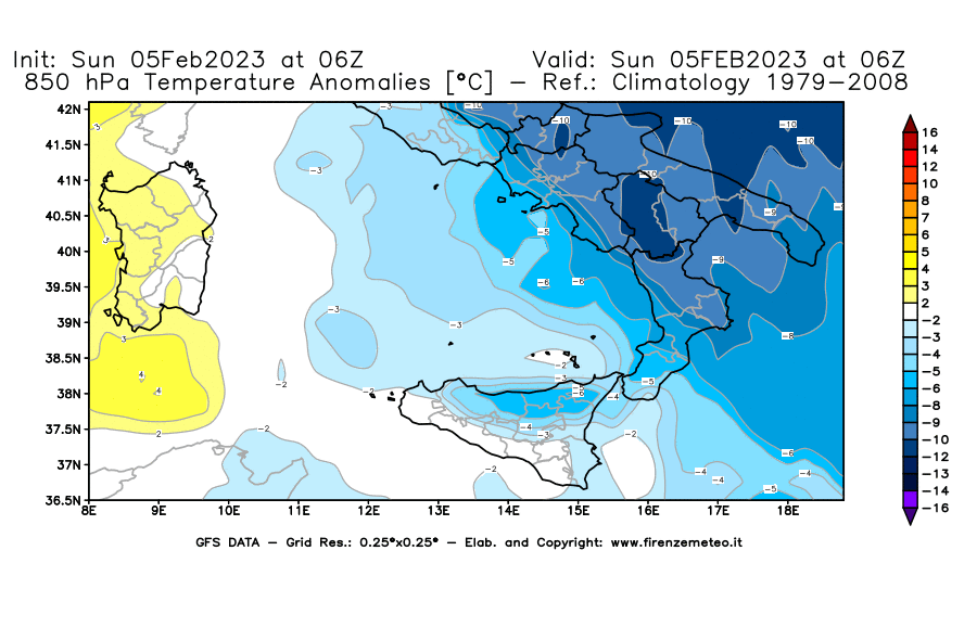 Mappa di analisi GFS - Anomalia Temperatura [°C] a 850 hPa in Sud-Italia
							del 05/02/2023 06 <!--googleoff: index-->UTC<!--googleon: index-->