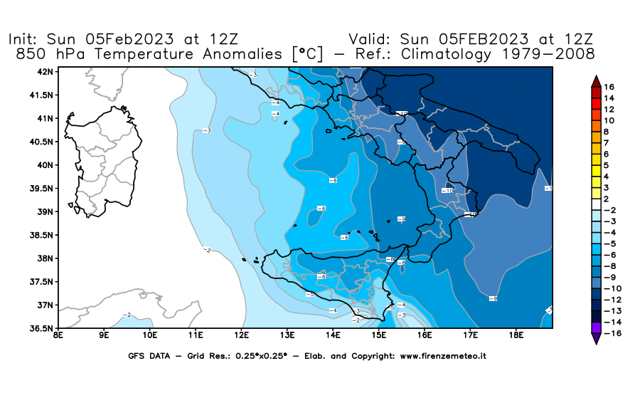 Mappa di analisi GFS - Anomalia Temperatura [°C] a 850 hPa in Sud-Italia
							del 05/02/2023 12 <!--googleoff: index-->UTC<!--googleon: index-->