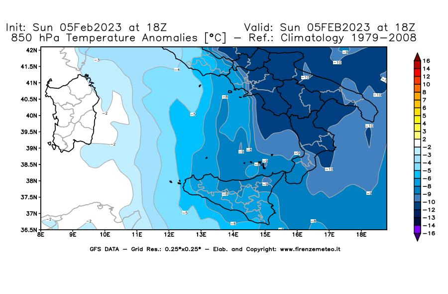 Mappa di analisi GFS - Anomalia Temperatura [°C] a 850 hPa in Sud-Italia
							del 05/02/2023 18 <!--googleoff: index-->UTC<!--googleon: index-->