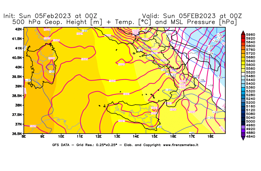 Mappa di analisi GFS - Geopotenziale [m] + Temp. [°C] a 500 hPa + Press. a livello del mare [hPa] in Sud-Italia
							del 05/02/2023 00 <!--googleoff: index-->UTC<!--googleon: index-->