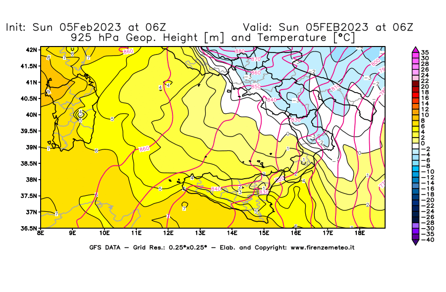 Mappa di analisi GFS - Geopotenziale [m] e Temperatura [°C] a 925 hPa in Sud-Italia
							del 05/02/2023 06 <!--googleoff: index-->UTC<!--googleon: index-->