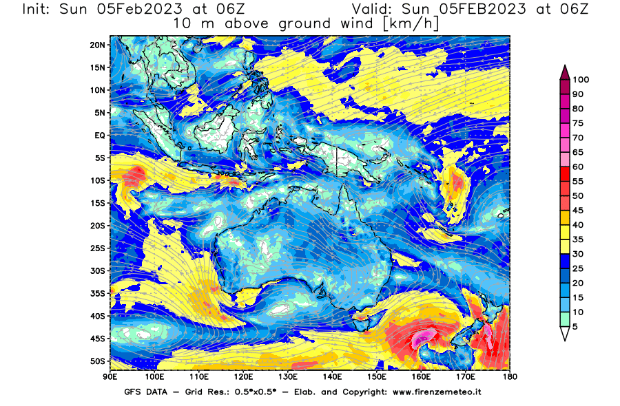 Mappa di analisi GFS - Velocità del vento a 10 metri dal suolo [km/h] in Oceania
							del 05/02/2023 06 <!--googleoff: index-->UTC<!--googleon: index-->