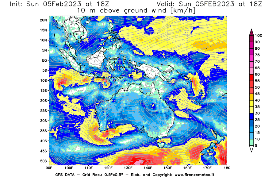 Mappa di analisi GFS - Velocità del vento a 10 metri dal suolo [km/h] in Oceania
							del 05/02/2023 18 <!--googleoff: index-->UTC<!--googleon: index-->