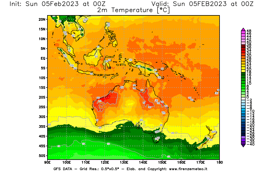 Mappa di analisi GFS - Temperatura a 2 metri dal suolo [°C] in Oceania
							del 05/02/2023 00 <!--googleoff: index-->UTC<!--googleon: index-->