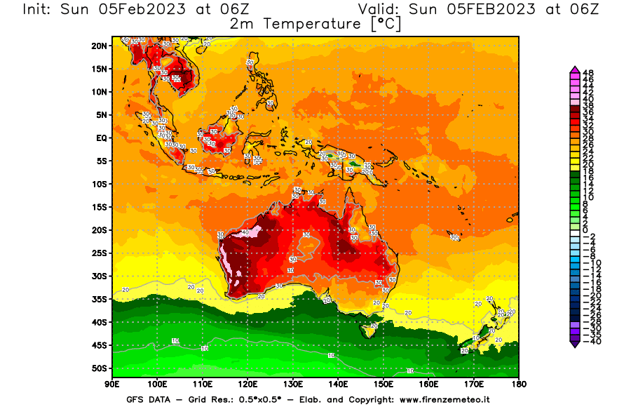 Mappa di analisi GFS - Temperatura a 2 metri dal suolo [°C] in Oceania
							del 05/02/2023 06 <!--googleoff: index-->UTC<!--googleon: index-->