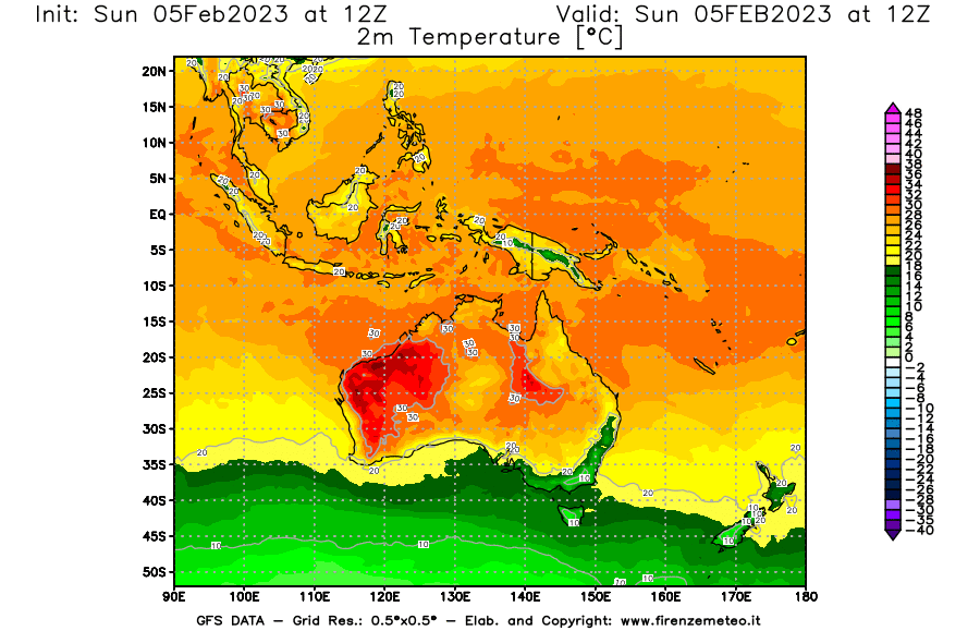 Mappa di analisi GFS - Temperatura a 2 metri dal suolo [°C] in Oceania
							del 05/02/2023 12 <!--googleoff: index-->UTC<!--googleon: index-->