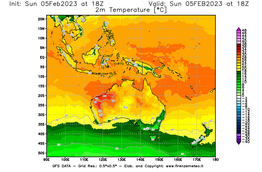 Mappa di analisi GFS - Temperatura a 2 metri dal suolo [°C] in Oceania
							del 05/02/2023 18 <!--googleoff: index-->UTC<!--googleon: index-->