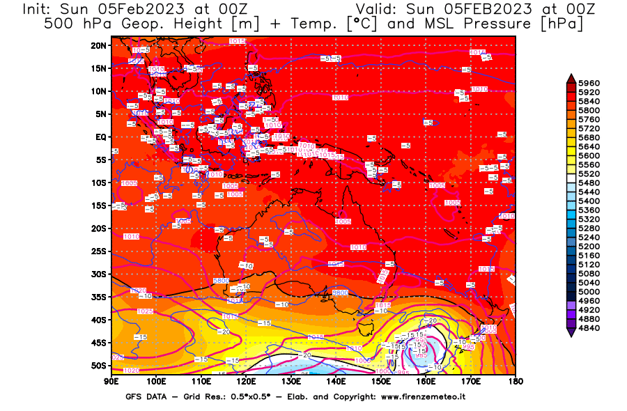 GFS analysi map - Geopotential [m] + Temp. [°C] at 500 hPa + Sea Level Pressure [hPa] in Oceania
									on 05/02/2023 00 <!--googleoff: index-->UTC<!--googleon: index-->