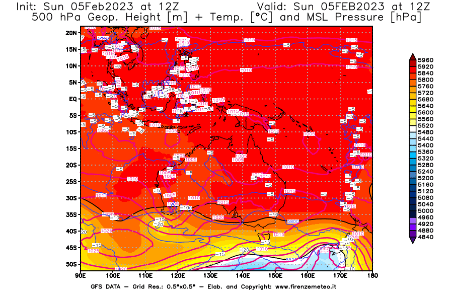 Mappa di analisi GFS - Geopotenziale [m] + Temp. [°C] a 500 hPa + Press. a livello del mare [hPa] in Oceania
							del 05/02/2023 12 <!--googleoff: index-->UTC<!--googleon: index-->