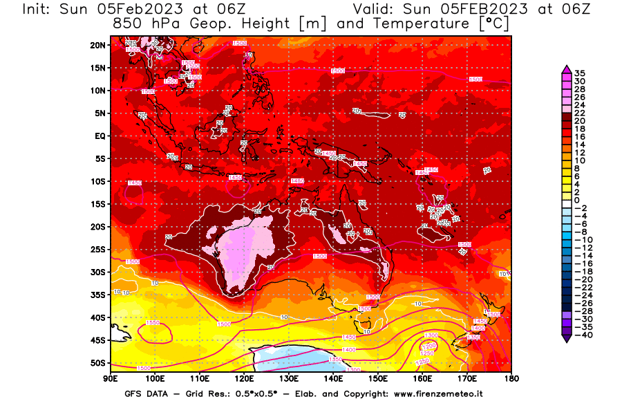 Mappa di analisi GFS - Geopotenziale [m] e Temperatura [°C] a 850 hPa in Oceania
							del 05/02/2023 06 <!--googleoff: index-->UTC<!--googleon: index-->