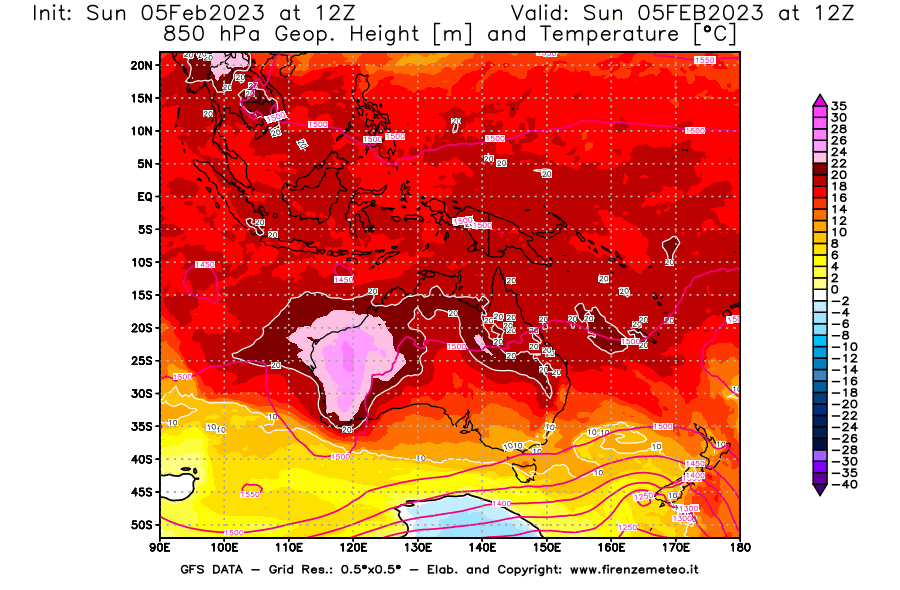 Mappa di analisi GFS - Geopotenziale [m] e Temperatura [°C] a 850 hPa in Oceania
							del 05/02/2023 12 <!--googleoff: index-->UTC<!--googleon: index-->