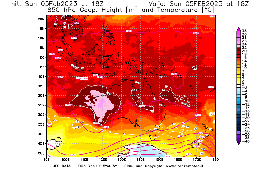 Mappa di analisi GFS - Geopotenziale [m] e Temperatura [°C] a 850 hPa in Oceania
							del 05/02/2023 18 <!--googleoff: index-->UTC<!--googleon: index-->