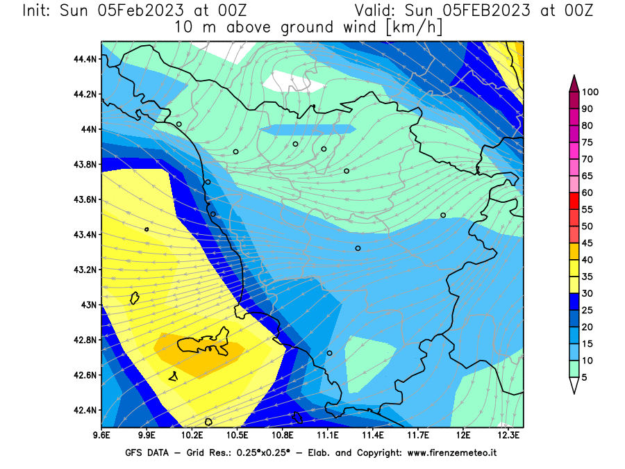 Mappa di analisi GFS - Velocità del vento a 10 metri dal suolo [km/h] in Toscana
							del 05/02/2023 00 <!--googleoff: index-->UTC<!--googleon: index-->