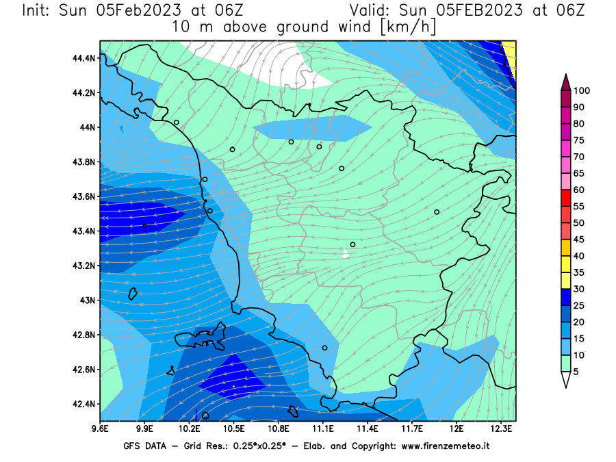 Mappa di analisi GFS - Velocità del vento a 10 metri dal suolo [km/h] in Toscana
							del 05/02/2023 06 <!--googleoff: index-->UTC<!--googleon: index-->