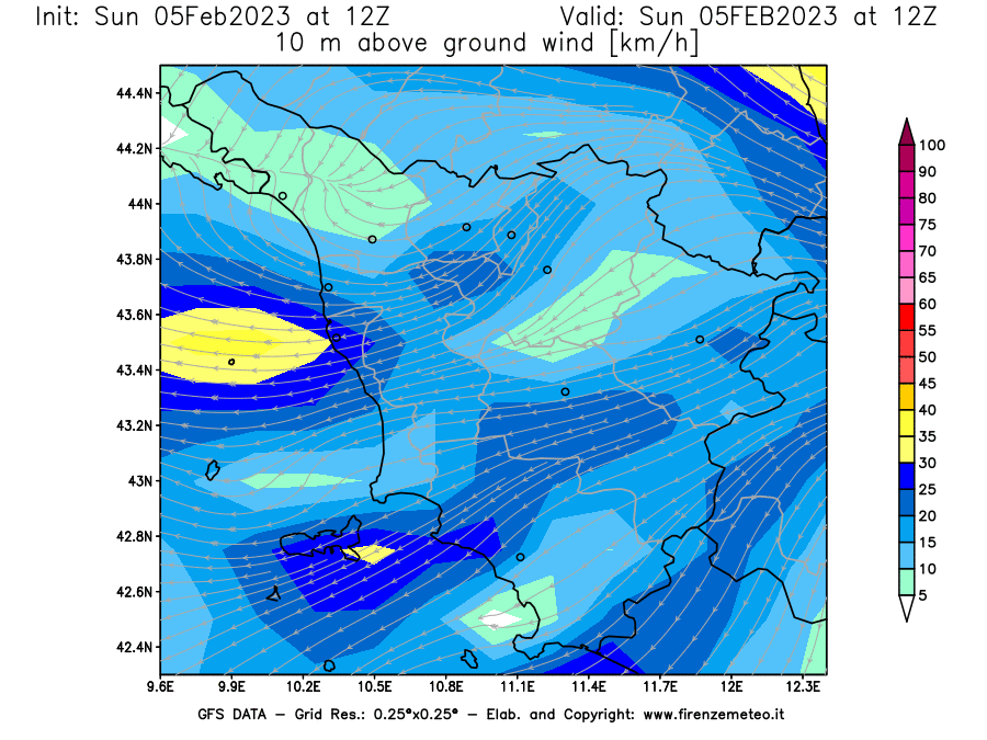 Mappa di analisi GFS - Velocità del vento a 10 metri dal suolo [km/h] in Toscana
							del 05/02/2023 12 <!--googleoff: index-->UTC<!--googleon: index-->