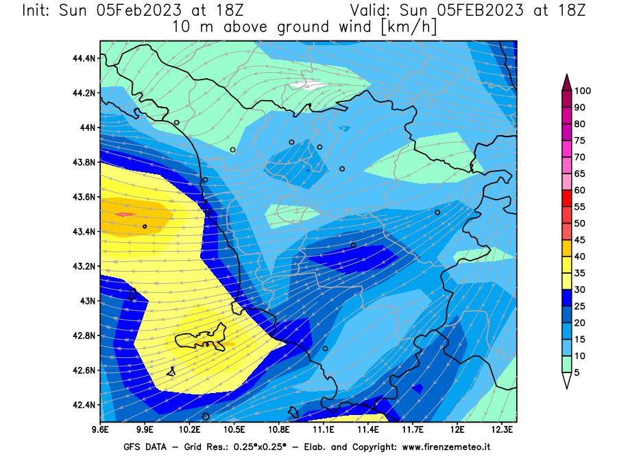 Mappa di analisi GFS - Velocità del vento a 10 metri dal suolo [km/h] in Toscana
							del 05/02/2023 18 <!--googleoff: index-->UTC<!--googleon: index-->