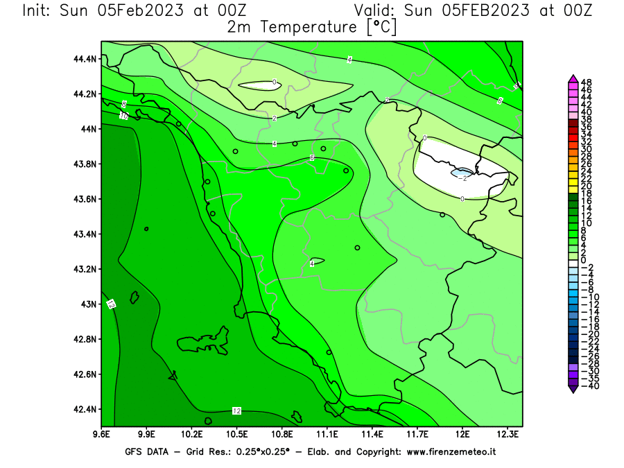 GFS analysi map - Temperature at 2 m above ground [°C] in Tuscany
									on 05/02/2023 00 <!--googleoff: index-->UTC<!--googleon: index-->