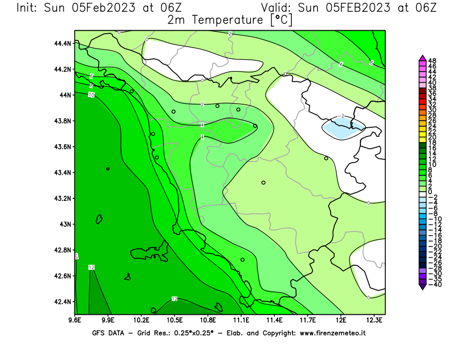 Mappa di analisi GFS - Temperatura a 2 metri dal suolo [°C] in Toscana
							del 05/02/2023 06 <!--googleoff: index-->UTC<!--googleon: index-->