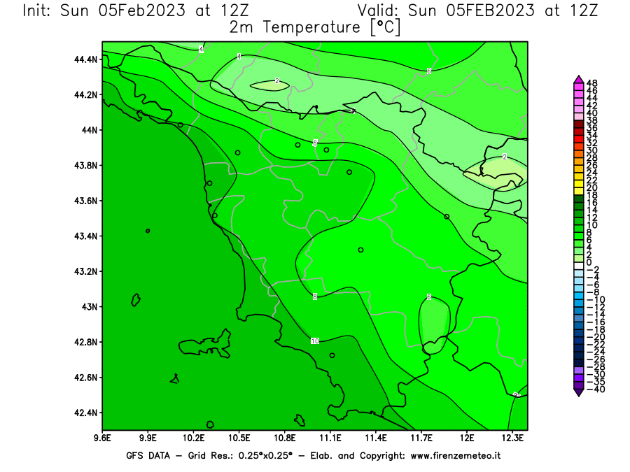 Mappa di analisi GFS - Temperatura a 2 metri dal suolo [°C] in Toscana
							del 05/02/2023 12 <!--googleoff: index-->UTC<!--googleon: index-->