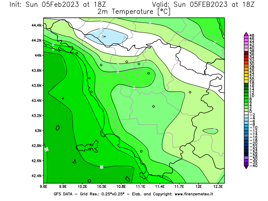 Mappa di analisi GFS - Temperatura a 2 metri dal suolo [°C] in Toscana
							del 05/02/2023 18 <!--googleoff: index-->UTC<!--googleon: index-->