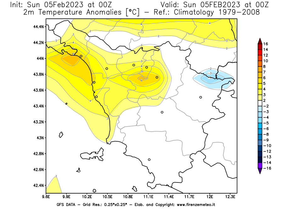 Mappa di analisi GFS - Anomalia Temperatura [°C] a 2 m in Toscana
							del 05/02/2023 00 <!--googleoff: index-->UTC<!--googleon: index-->