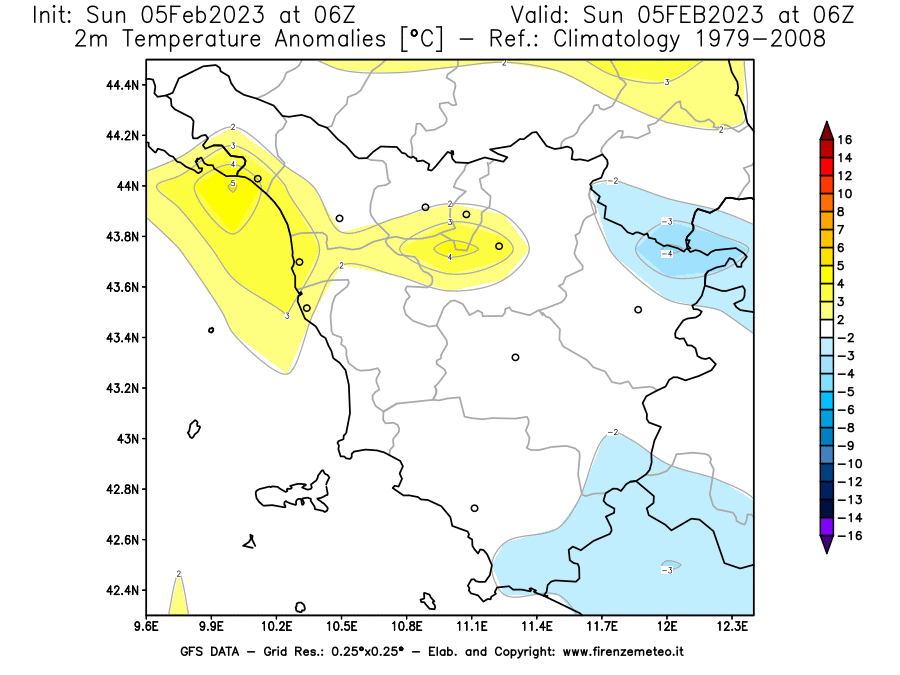 Mappa di analisi GFS - Anomalia Temperatura [°C] a 2 m in Toscana
							del 05/02/2023 06 <!--googleoff: index-->UTC<!--googleon: index-->