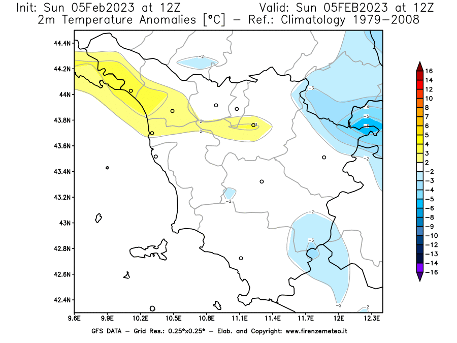 Mappa di analisi GFS - Anomalia Temperatura [°C] a 2 m in Toscana
							del 05/02/2023 12 <!--googleoff: index-->UTC<!--googleon: index-->