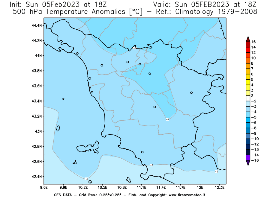 Mappa di analisi GFS - Anomalia Temperatura [°C] a 500 hPa in Toscana
							del 05/02/2023 18 <!--googleoff: index-->UTC<!--googleon: index-->