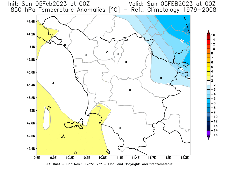 GFS analysi map - Temperature Anomalies [°C] at 850 hPa in Tuscany
									on 05/02/2023 00 <!--googleoff: index-->UTC<!--googleon: index-->