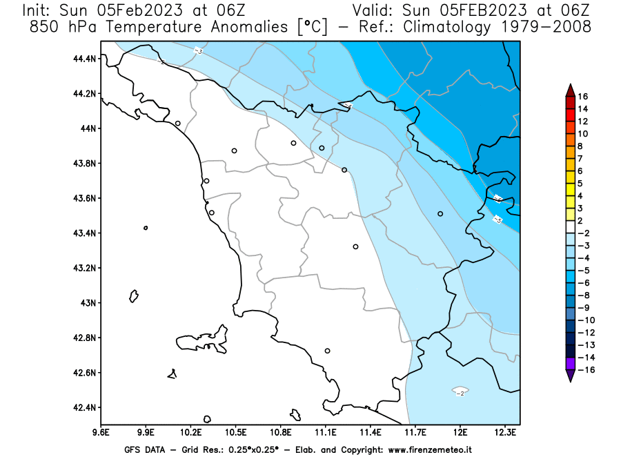 Mappa di analisi GFS - Anomalia Temperatura [°C] a 850 hPa in Toscana
							del 05/02/2023 06 <!--googleoff: index-->UTC<!--googleon: index-->