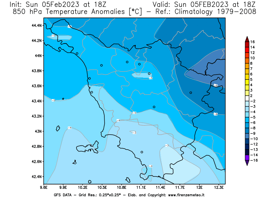 Mappa di analisi GFS - Anomalia Temperatura [°C] a 850 hPa in Toscana
							del 05/02/2023 18 <!--googleoff: index-->UTC<!--googleon: index-->