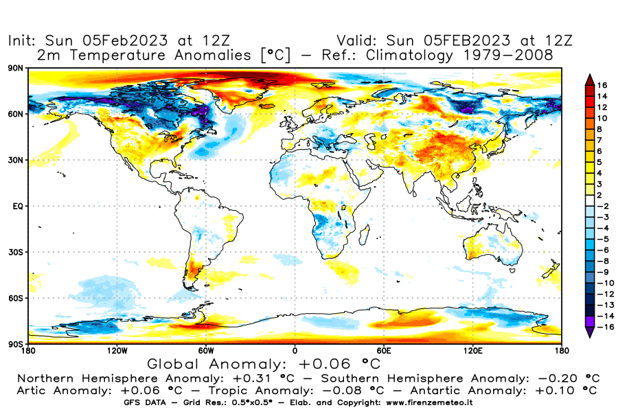 Mappa di analisi GFS - Anomalia Temperatura [°C] a 2 m in World
							del 05/02/2023 12 <!--googleoff: index-->UTC<!--googleon: index-->
