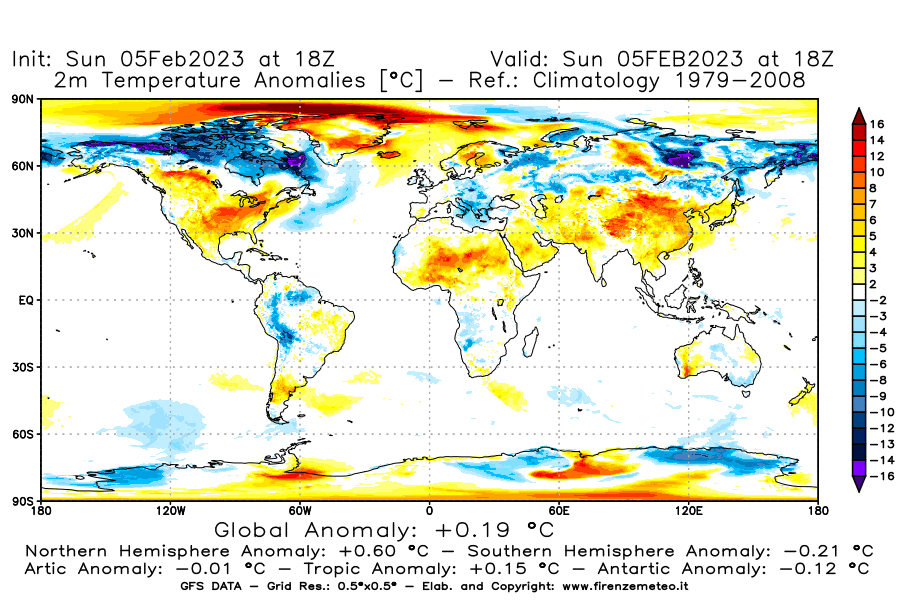 Mappa di analisi GFS - Anomalia Temperatura [°C] a 2 m in World
							del 05/02/2023 18 <!--googleoff: index-->UTC<!--googleon: index-->