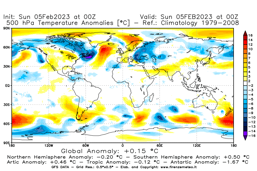 Mappa di analisi GFS - Anomalia Temperatura [°C] a 500 hPa in World
							del 05/02/2023 00 <!--googleoff: index-->UTC<!--googleon: index-->