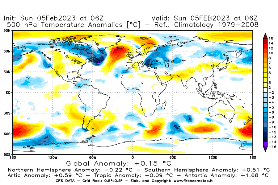 Mappa di analisi GFS - Anomalia Temperatura [°C] a 500 hPa in World
							del 05/02/2023 06 <!--googleoff: index-->UTC<!--googleon: index-->