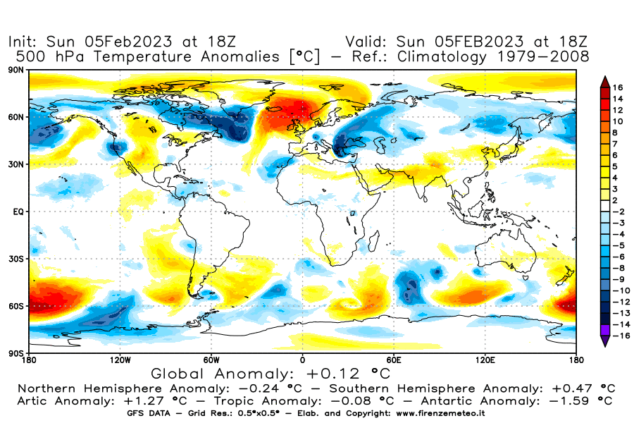 Mappa di analisi GFS - Anomalia Temperatura [°C] a 500 hPa in World
							del 05/02/2023 18 <!--googleoff: index-->UTC<!--googleon: index-->