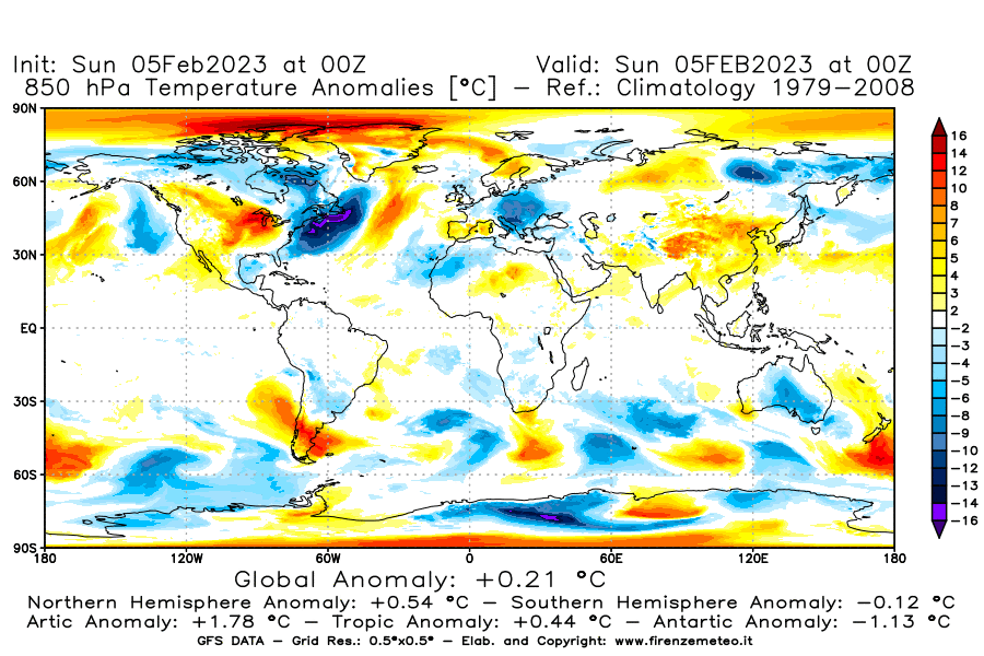 Mappa di analisi GFS - Anomalia Temperatura [°C] a 850 hPa in World
							del 05/02/2023 00 <!--googleoff: index-->UTC<!--googleon: index-->