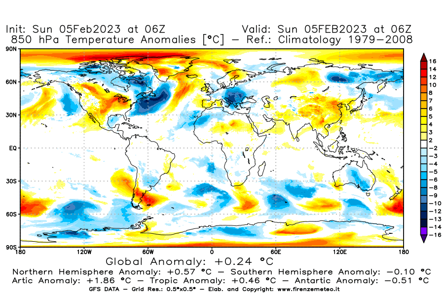 Mappa di analisi GFS - Anomalia Temperatura [°C] a 850 hPa in World
							del 05/02/2023 06 <!--googleoff: index-->UTC<!--googleon: index-->