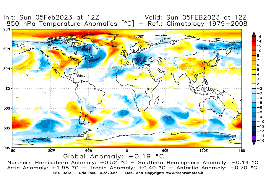 Mappa di analisi GFS - Anomalia Temperatura [°C] a 850 hPa in World
							del 05/02/2023 12 <!--googleoff: index-->UTC<!--googleon: index-->
