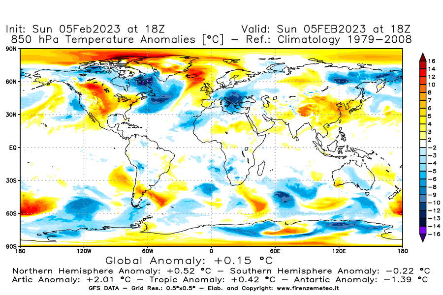 Mappa di analisi GFS - Anomalia Temperatura [°C] a 850 hPa in World
							del 05/02/2023 18 <!--googleoff: index-->UTC<!--googleon: index-->