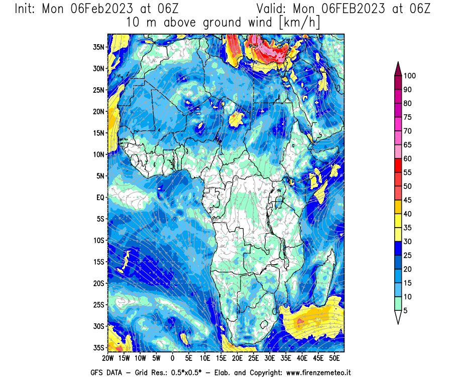 Mappa di analisi GFS - Velocità del vento a 10 metri dal suolo [km/h] in Africa
							del 06/02/2023 06 <!--googleoff: index-->UTC<!--googleon: index-->