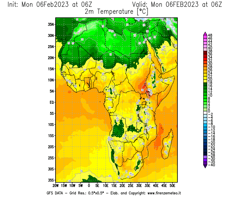 Mappa di analisi GFS - Temperatura a 2 metri dal suolo [°C] in Africa
							del 06/02/2023 06 <!--googleoff: index-->UTC<!--googleon: index-->