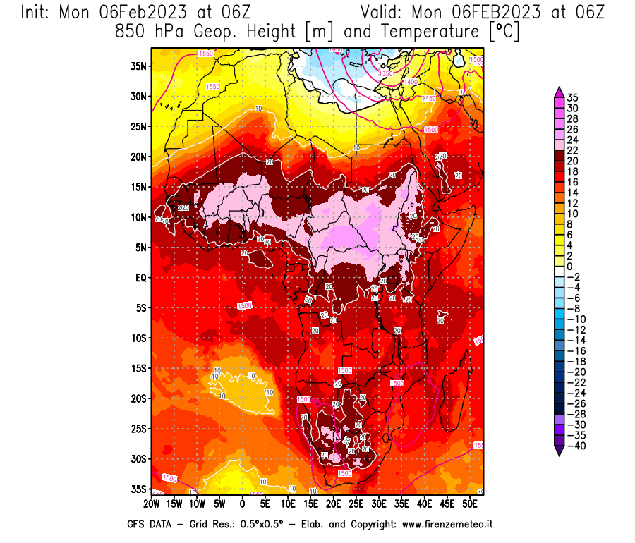 Mappa di analisi GFS - Geopotenziale [m] e Temperatura [°C] a 850 hPa in Africa
							del 06/02/2023 06 <!--googleoff: index-->UTC<!--googleon: index-->