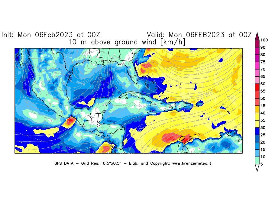 Mappa di analisi GFS - Velocità del vento a 10 metri dal suolo [km/h] in Centro-America
							del 06/02/2023 00 <!--googleoff: index-->UTC<!--googleon: index-->