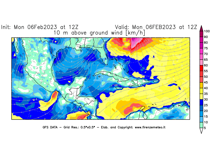 Mappa di analisi GFS - Velocità del vento a 10 metri dal suolo [km/h] in Centro-America
							del 06/02/2023 12 <!--googleoff: index-->UTC<!--googleon: index-->