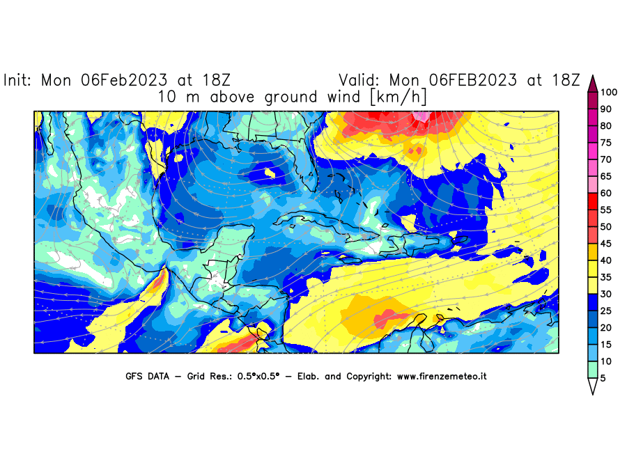 Mappa di analisi GFS - Velocità del vento a 10 metri dal suolo [km/h] in Centro-America
							del 06/02/2023 18 <!--googleoff: index-->UTC<!--googleon: index-->