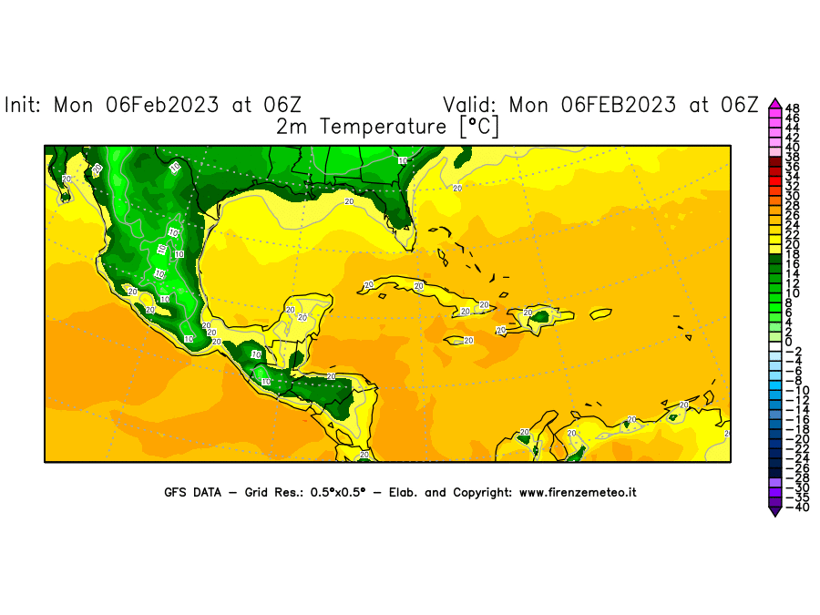 Mappa di analisi GFS - Temperatura a 2 metri dal suolo [°C] in Centro-America
							del 06/02/2023 06 <!--googleoff: index-->UTC<!--googleon: index-->