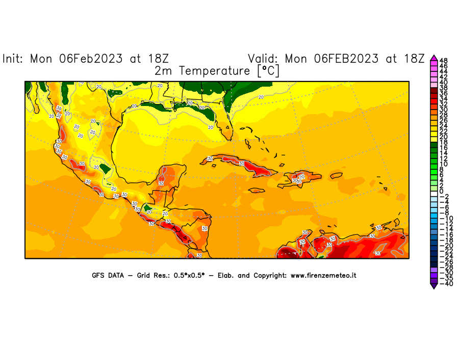 Mappa di analisi GFS - Temperatura a 2 metri dal suolo [°C] in Centro-America
							del 06/02/2023 18 <!--googleoff: index-->UTC<!--googleon: index-->